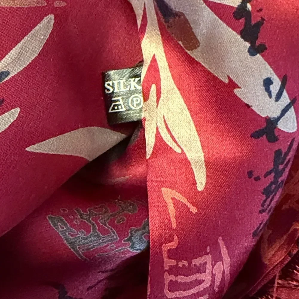 Men's Fuchsia Doubled Silk Scarf Hieroglyphs and Floral Bamboo Design Fringed - Picture 8 of 8